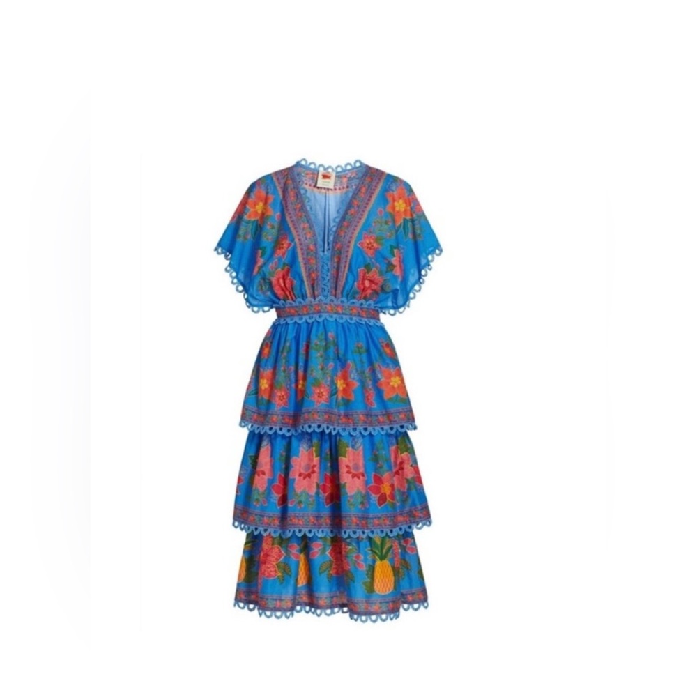 Farm Rio Tiered Blue Midi Dress Size M - EUC